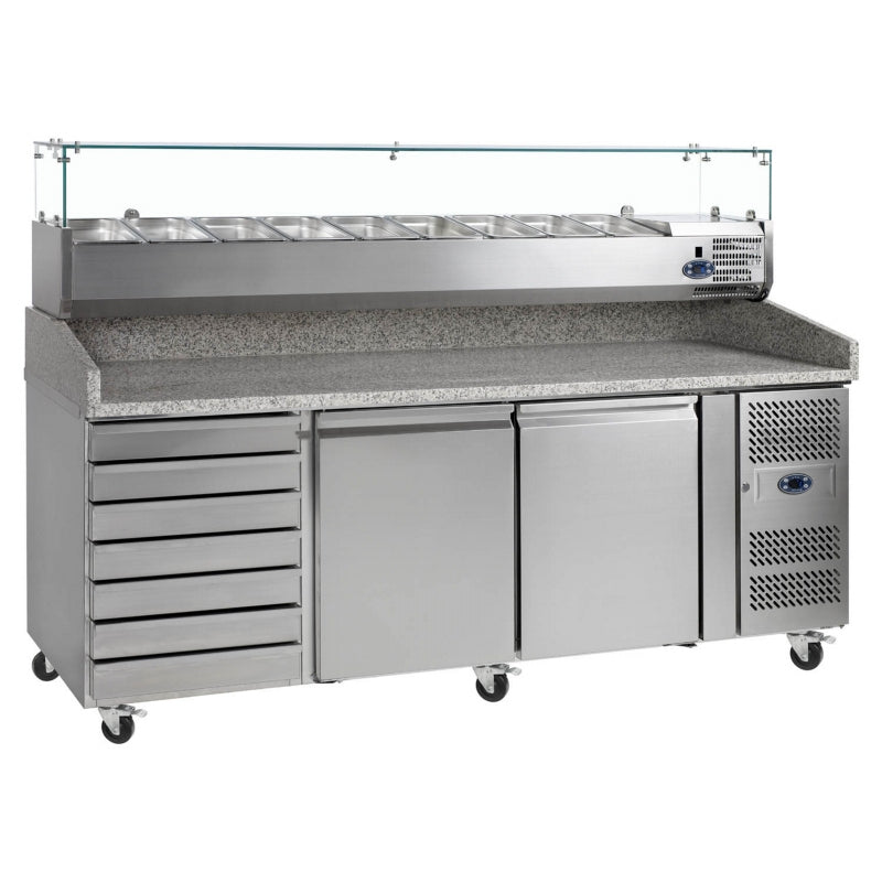 Tefcold 'Pizza Prep Counter 2 doors 7 drawers Granite top Refrigerated Counter top display  WX2045HX1415DX800.Product Ref:00827.Model:PT1310 SS . 🚚 3-5 Days Delivery