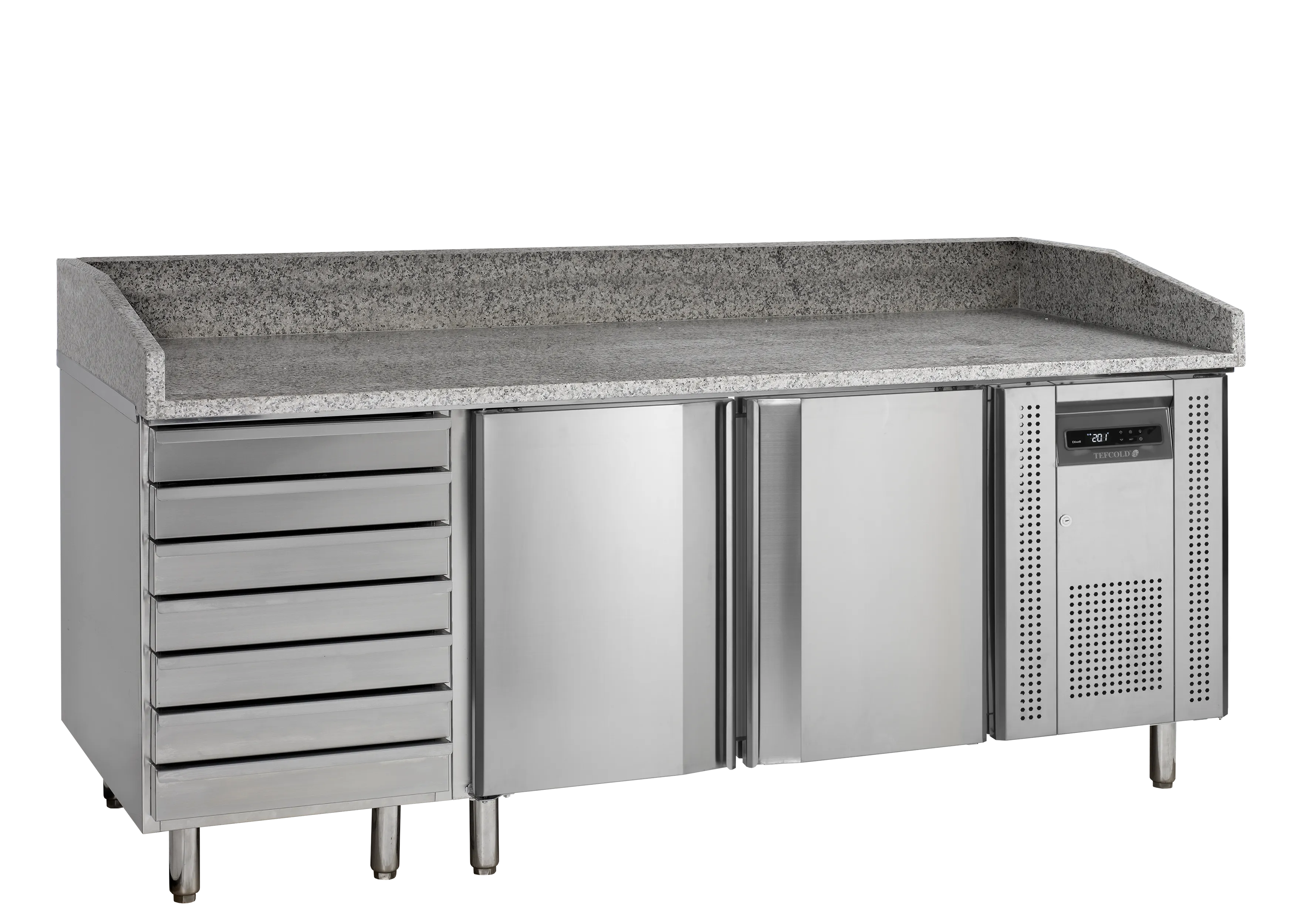 Tefcold 'Pizza Prep Counter 2 doors 7 drawers Granite top Refrigerated Counter top display  WX2045HX1415DX800.Product Ref:00827.Model:PT1310 SS . 🚚 3-5 Days Delivery