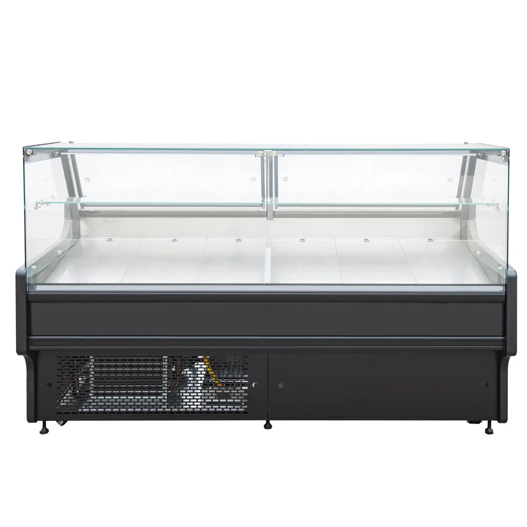 Serve over Deli counter Black front Straight glass front Width 1580mm.Product Ref:00867. MODEL: CUBA150M-F-🚚 3-5 Days Delivery